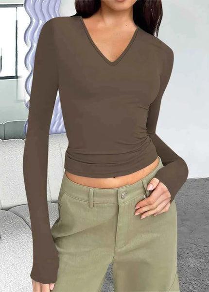 V - Neck Long Sleeve T-Shirt - Trendsi