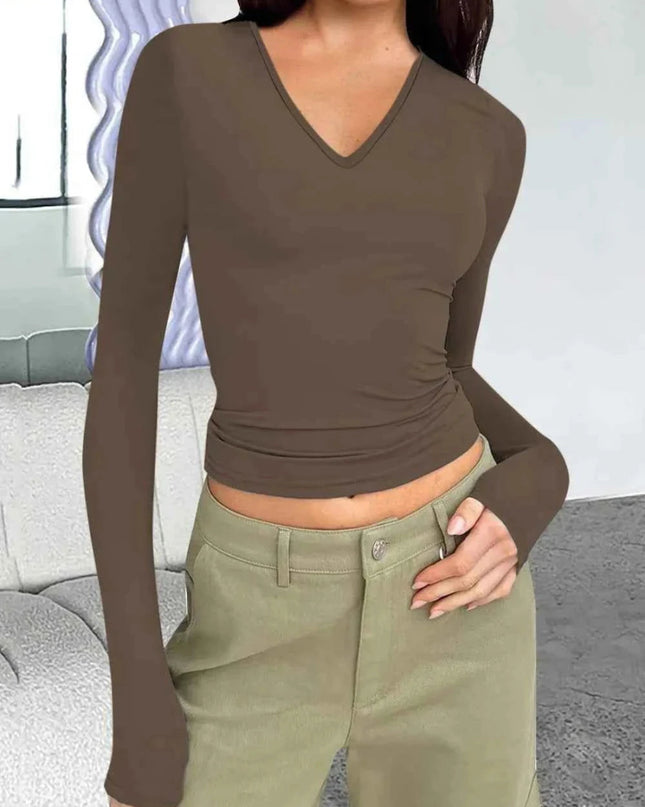 V - Neck Long Sleeve T-Shirt - Trendsi
