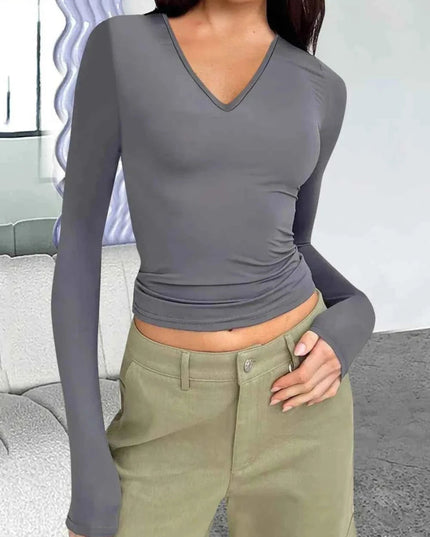 V - Neck Long Sleeve T-Shirt - Trendsi