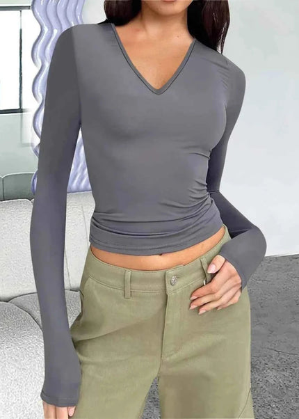 V - Neck Long Sleeve T-Shirt - Trendsi