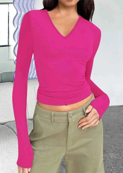 V - Neck Long Sleeve T-Shirt - Trendsi