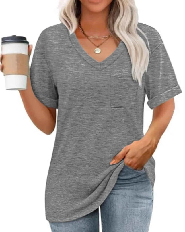 V - Neck Pocket T-Shirt - Trendsi