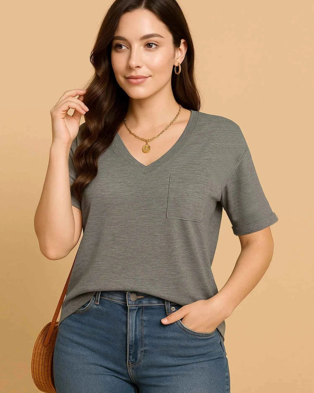 V - Neck Pocket T-Shirt - Trendsi