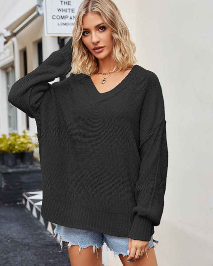 V - Neck Ribbed Dropped Shoulder Knit Top - Trendsi