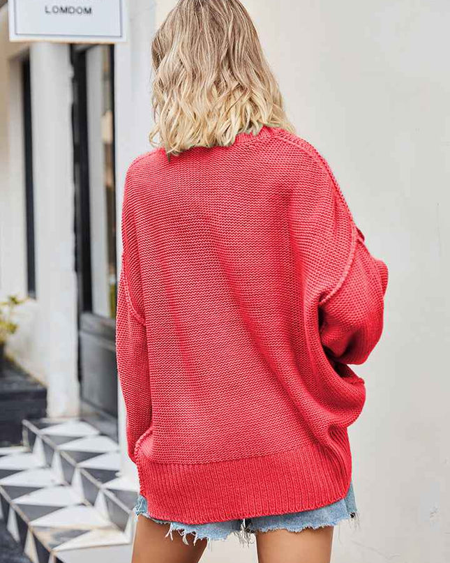 V - Neck Ribbed Dropped Shoulder Knit Top - Trendsi