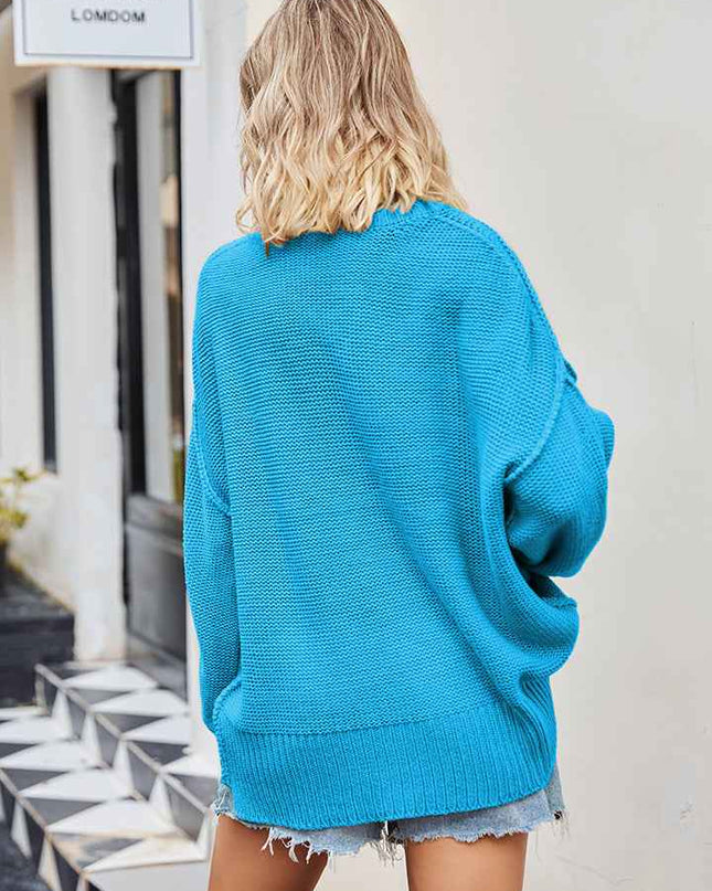 V - Neck Ribbed Dropped Shoulder Knit Top - Trendsi