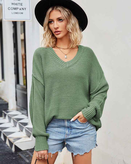 V - Neck Ribbed Dropped Shoulder Knit Top - Trendsi
