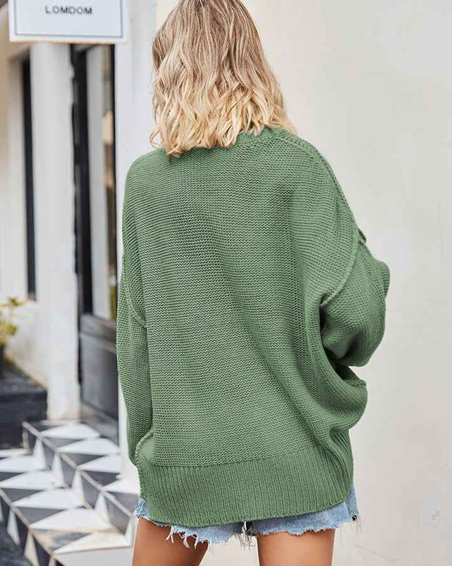 V - Neck Ribbed Dropped Shoulder Knit Top - Trendsi