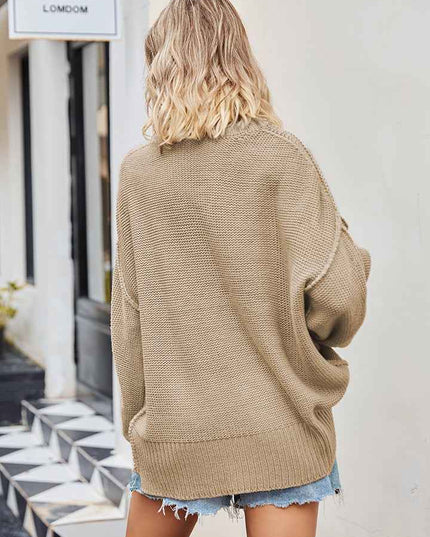 V - Neck Ribbed Dropped Shoulder Knit Top - Trendsi