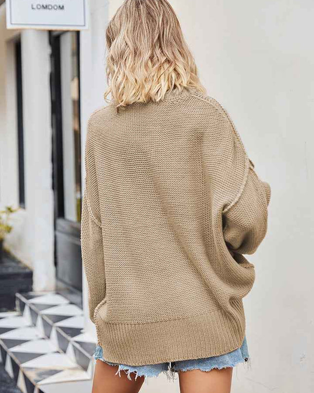 V - Neck Ribbed Dropped Shoulder Knit Top - Trendsi