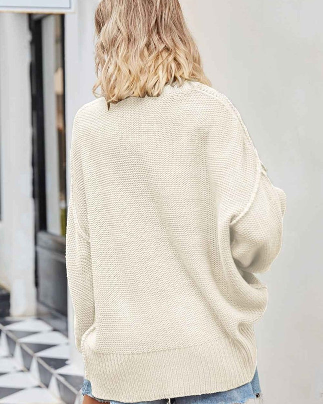 V - Neck Ribbed Dropped Shoulder Knit Top - Trendsi