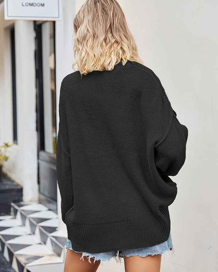 V - Neck Ribbed Dropped Shoulder Knit Top - Trendsi