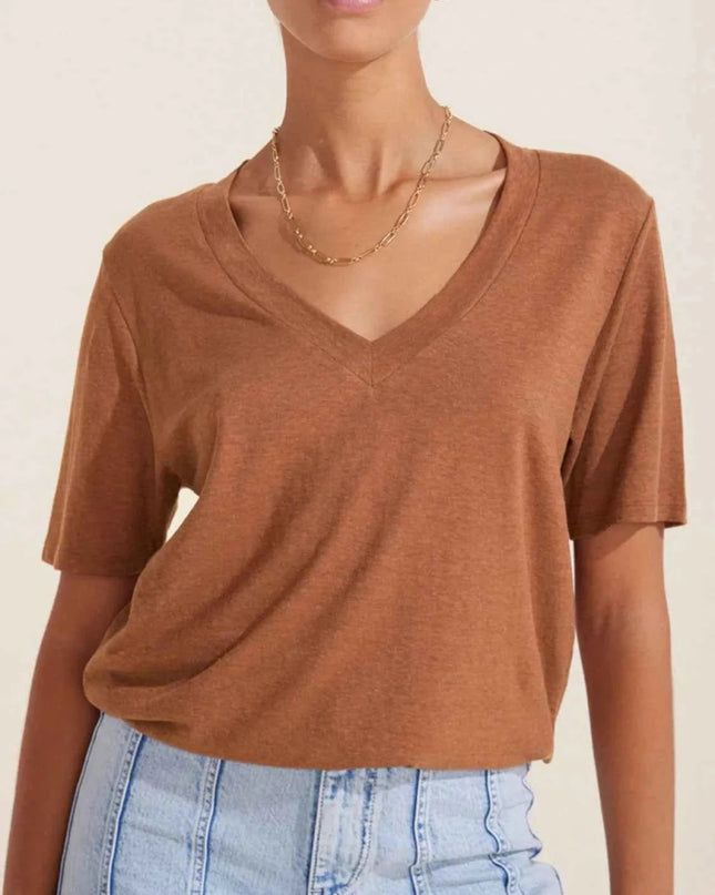 V - Neck Short Sleeve T-Shirt - Trendsi