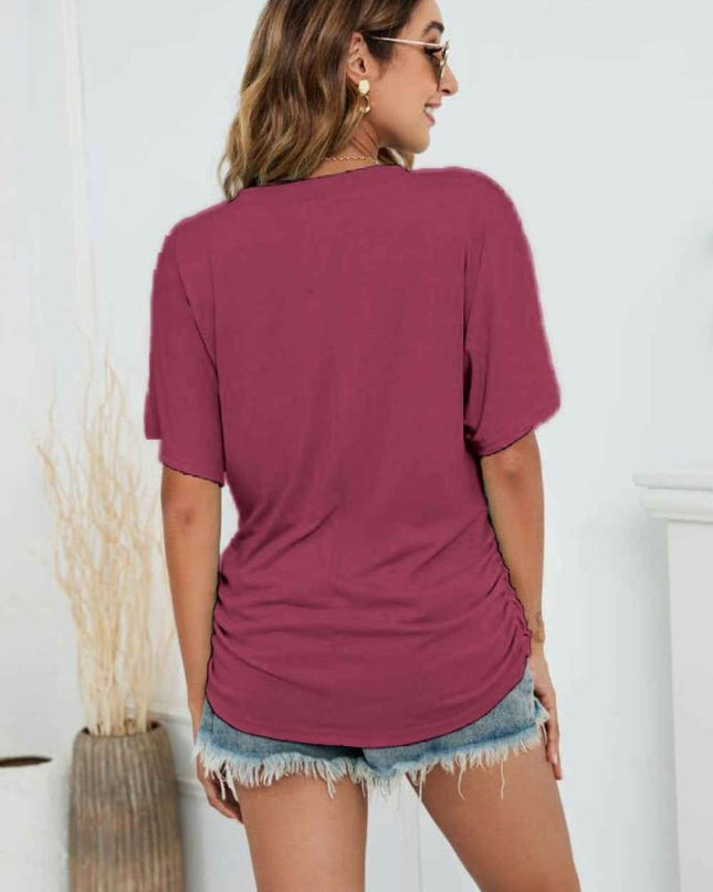 V - Neck Side Ruched Tee - Trendsi
