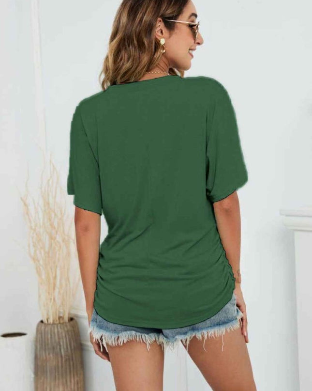 V - Neck Side Ruched Tee - Trendsi