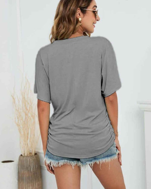 V - Neck Side Ruched Tee - Trendsi