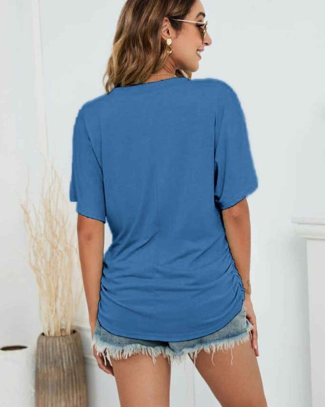 V - Neck Side Ruched Tee - Trendsi
