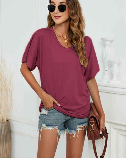 V - Neck Side Ruched Tee - Trendsi