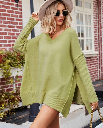 V - Neck Slit Exposed Seam Sweater - Trendsi