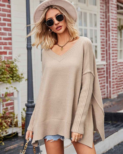 V - Neck Slit Exposed Seam Sweater - Trendsi