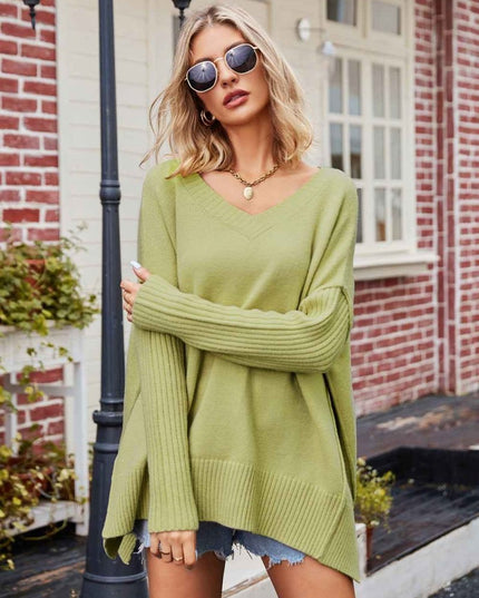 V - Neck Slit Exposed Seam Sweater - Trendsi