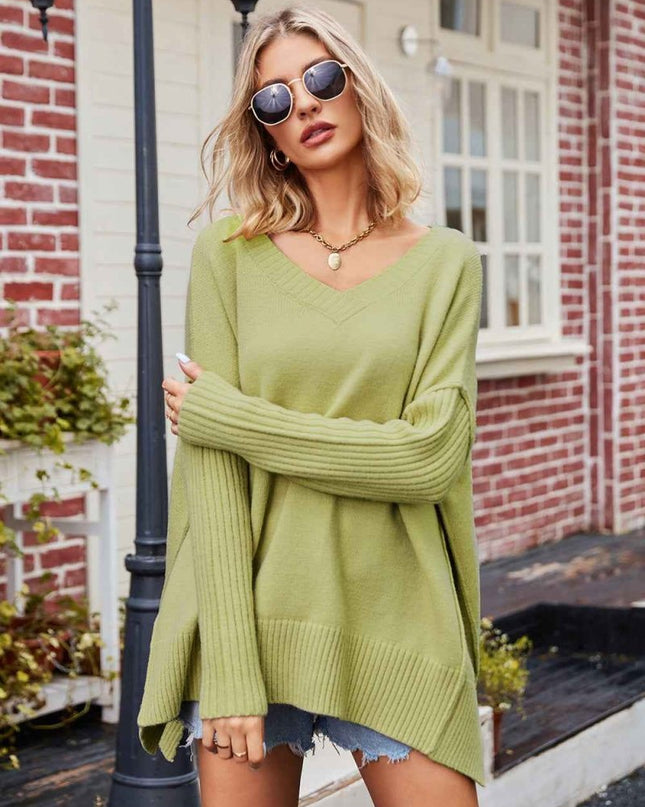V - Neck Slit Exposed Seam Sweater - Trendsi