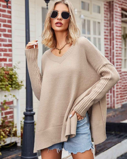 V - Neck Slit Exposed Seam Sweater - Trendsi