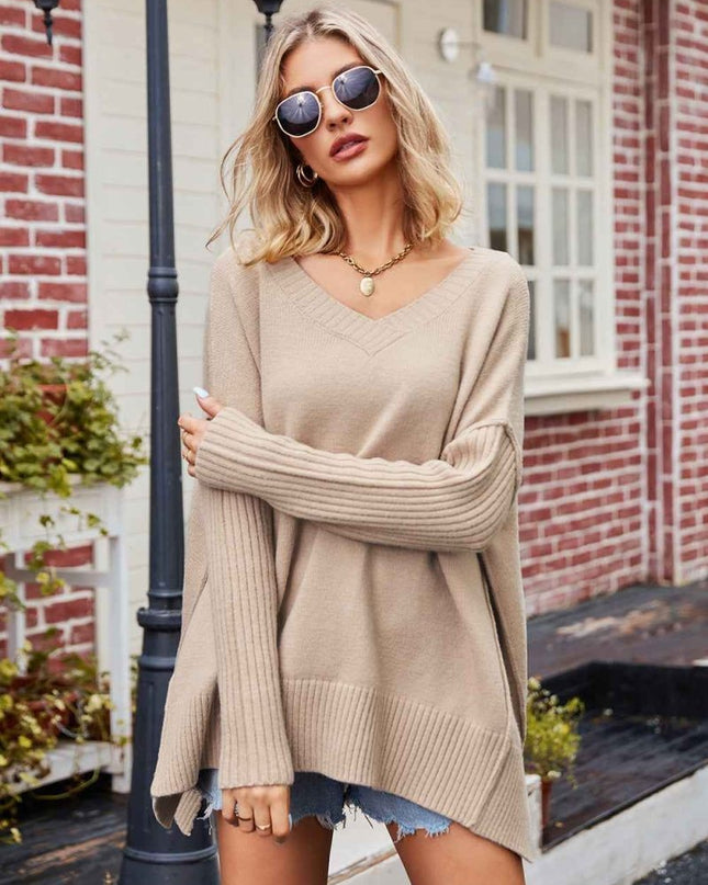 V - Neck Slit Exposed Seam Sweater - Trendsi