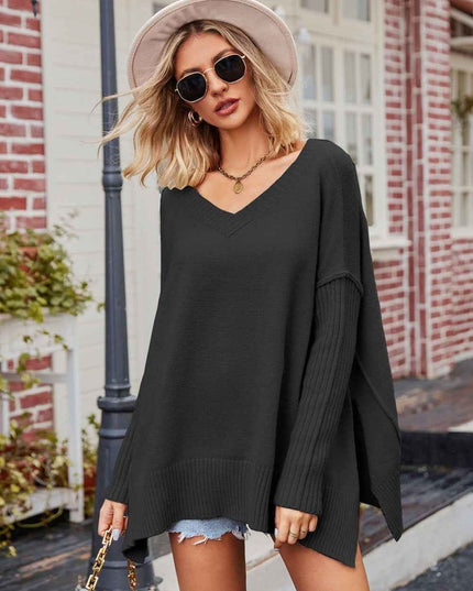 V - Neck Slit Exposed Seam Sweater - Trendsi