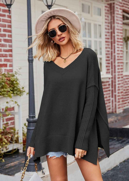 V - Neck Slit Exposed Seam Sweater - Trendsi