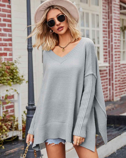 V - Neck Slit Exposed Seam Sweater - Trendsi