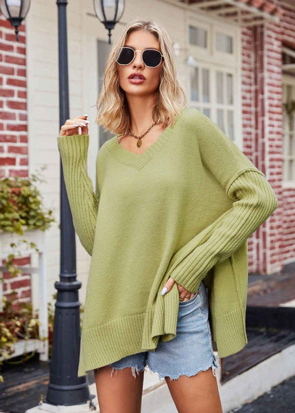 V - Neck Slit Exposed Seam Sweater - Trendsi