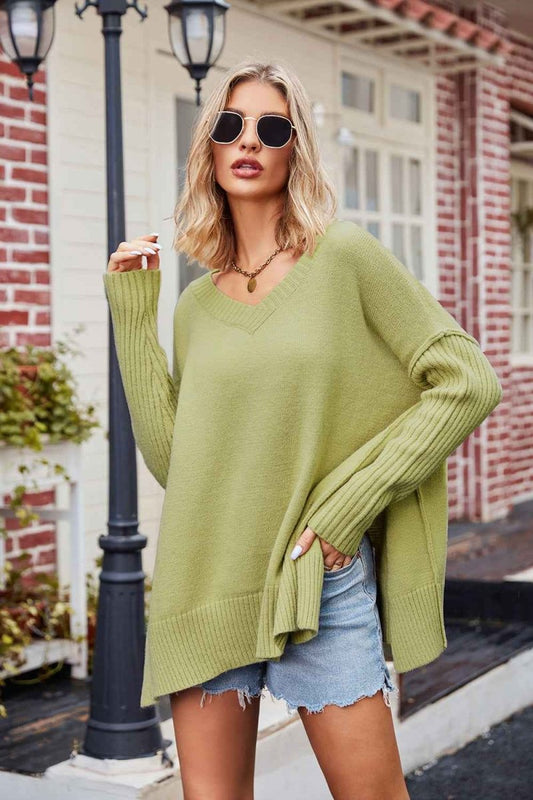 V - Neck Slit Exposed Seam Sweater - Trendsi