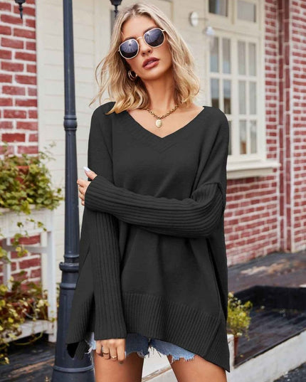 V - Neck Slit Exposed Seam Sweater - Trendsi