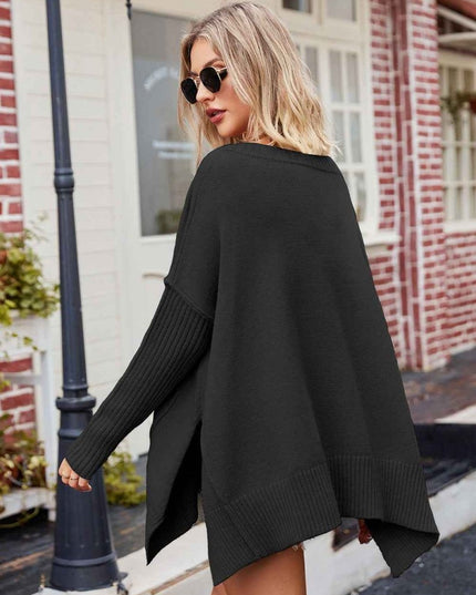 V - Neck Slit Exposed Seam Sweater - Trendsi