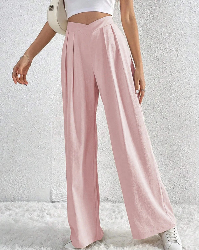 V - Waisted Ruched Front Wide Leg Pants - Trendsi