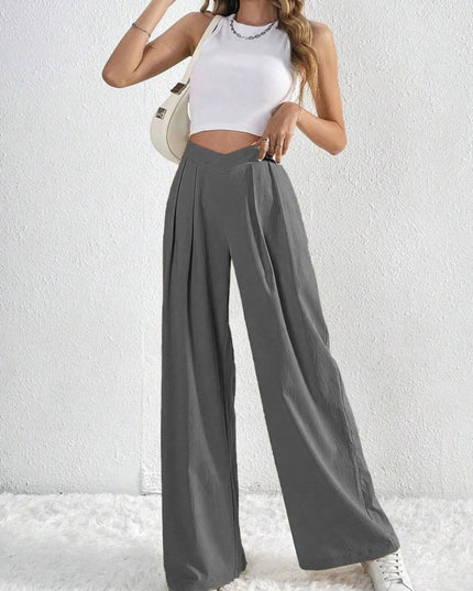V - Waisted Ruched Front Wide Leg Pants - Trendsi