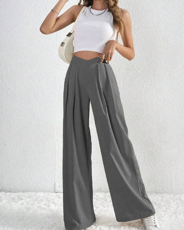 V - Waisted Ruched Front Wide Leg Pants - Trendsi