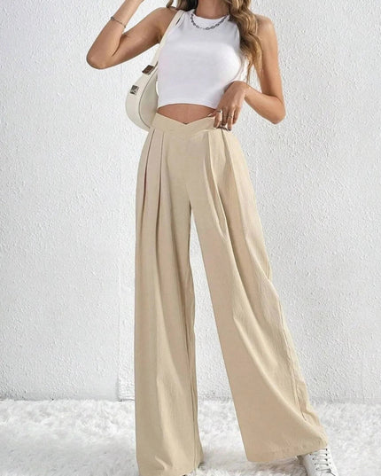 V - Waisted Ruched Front Wide Leg Pants - Trendsi