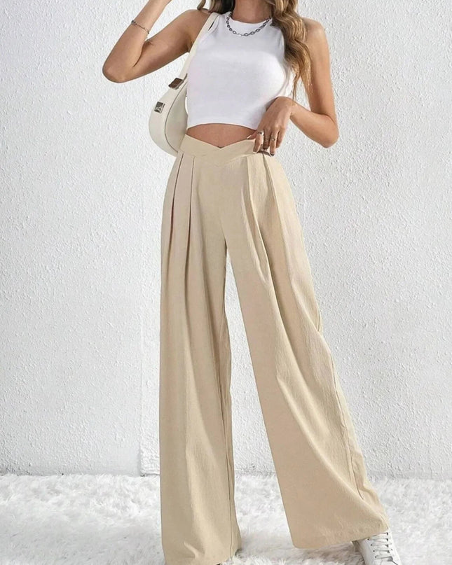 V - Waisted Ruched Front Wide Leg Pants - Trendsi