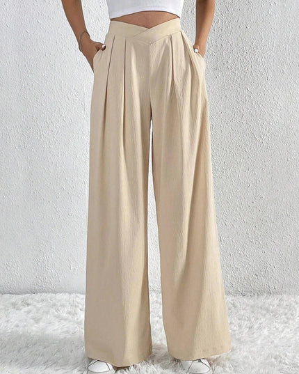 V - Waisted Ruched Front Wide Leg Pants - Trendsi