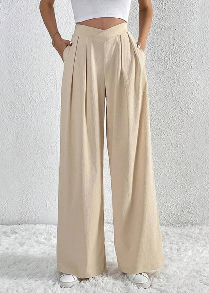 V - Waisted Ruched Front Wide Leg Pants - Trendsi