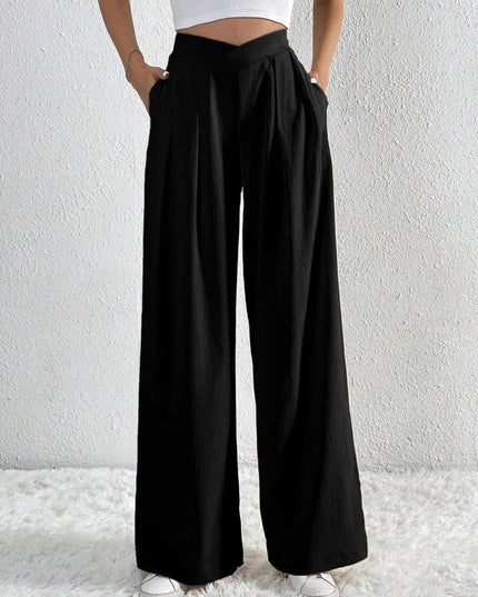V - Waisted Ruched Front Wide Leg Pants - Trendsi