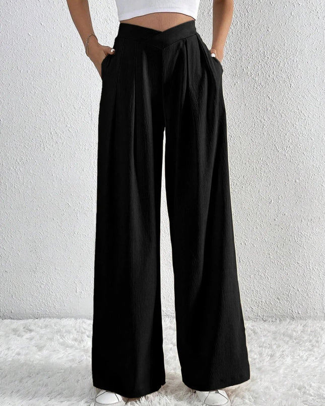 V - Waisted Ruched Front Wide Leg Pants - Trendsi
