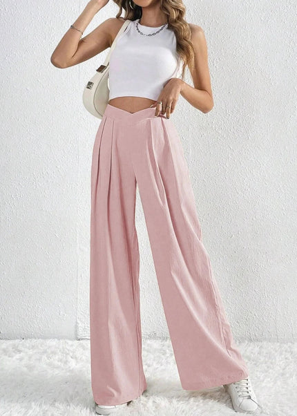 V - Waisted Ruched Front Wide Leg Pants - Trendsi