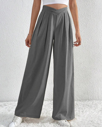 V - Waisted Ruched Front Wide Leg Pants - Trendsi