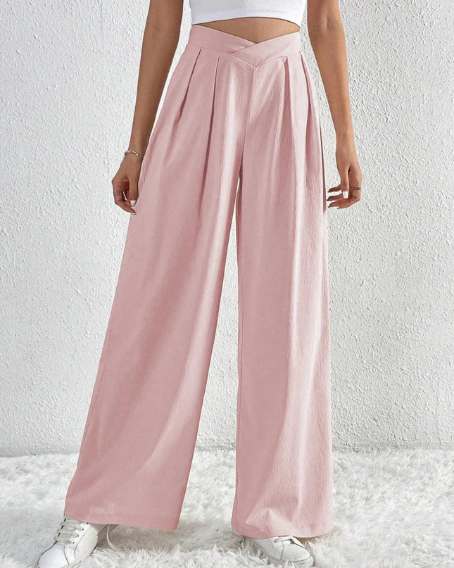V - Waisted Ruched Front Wide Leg Pants - Trendsi