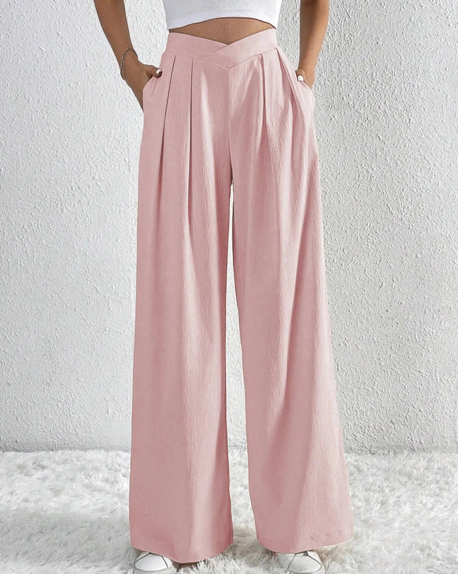 V - Waisted Ruched Front Wide Leg Pants - Trendsi