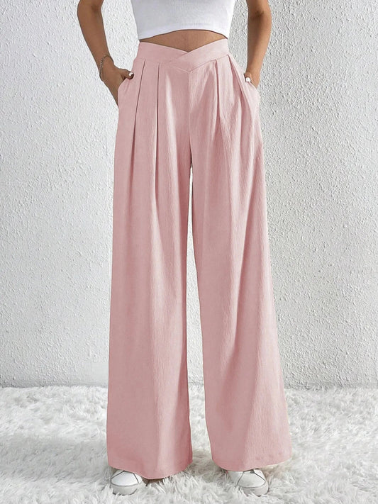 V - Waisted Ruched Front Wide Leg Pants - Trendsi