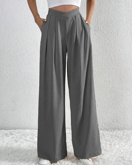 V - Waisted Ruched Front Wide Leg Pants - Trendsi